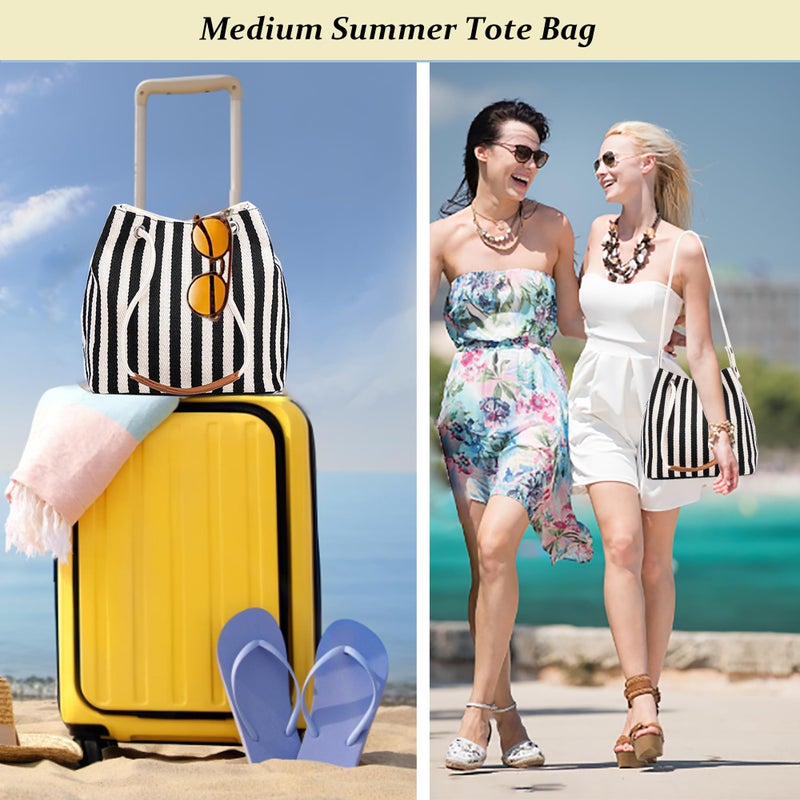 Bydenwely Women's Canvas Summer Tote Bags Medium Shoulder Bag Daily Working Handbag for Holiday Travel Pool (Black) - Image 2